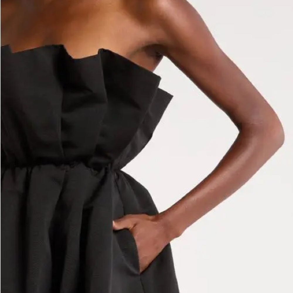 STAUD Cordelia Pleated Strapless Mini Dress Black Pockets Corset Size Medium - Picture 3 of 16